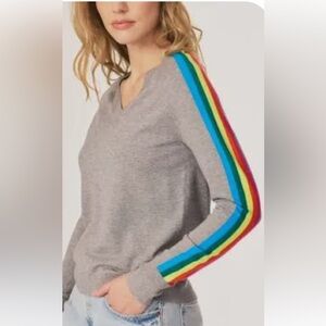 J. SOCIETY Gray Striped Sleeve V Neck Top size L